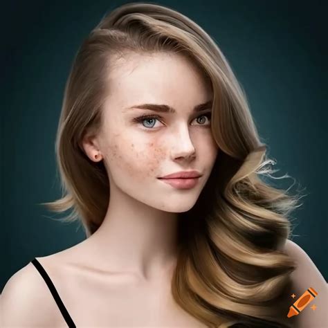 Beautiful Young Woman Delicate Freckles Shy Smile Shoulder Length Dark Blonde Hair On Craiyon