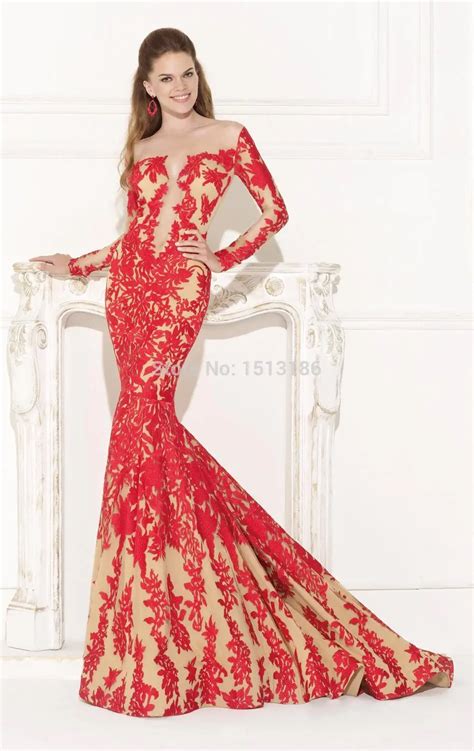 Sexy Fashion Red Lace Mermaid Prom Dresses 2014 Custom Plunging Neck