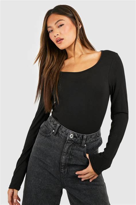 Black Scoop Neck Long Sleeve Bodysuit Boohoo Uk