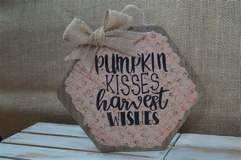 Autumn Sayings Wood Sign Pumpkin Kisses Harvest Wishes Thankful And