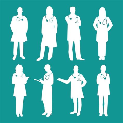 Premium Vector A Set Of Silhouettes Of Doctors In White Coats With A