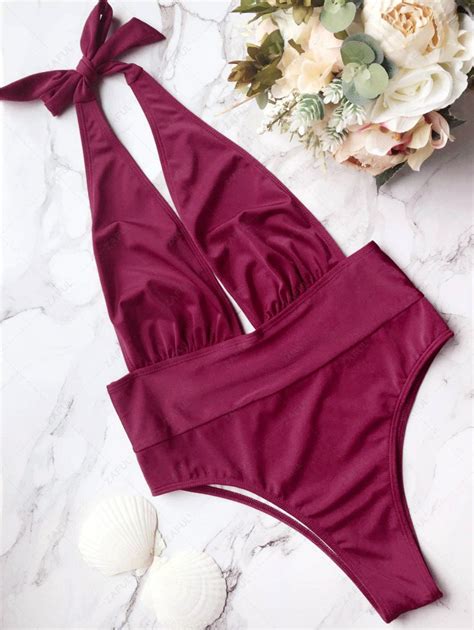 Backless High Leg Swimwear Purplish Red One Pieces S Zaful