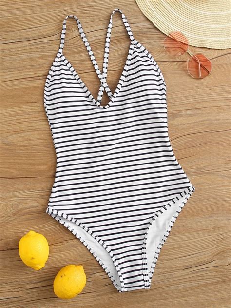 Striped Criss Cross One Piece Swimsuit Shein Usa One Piece Swimsuit