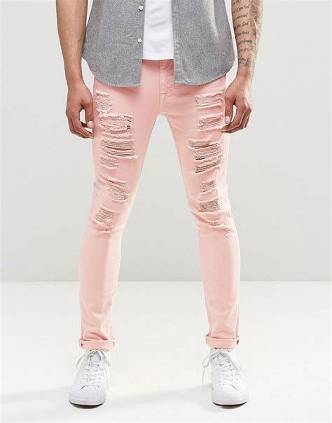 Asos Super Skinny Jeans With Extreme Rips In Pink At Asos Mens