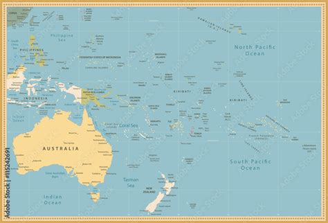 Australia and Oceania detailed political map vintage colors Stock ...