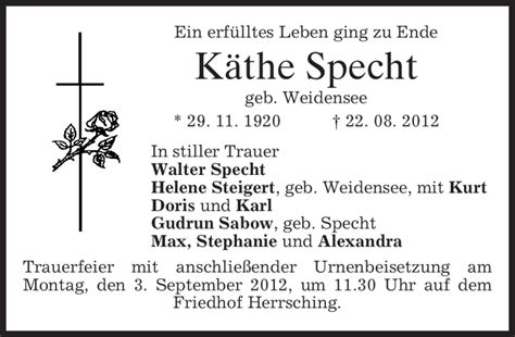 Traueranzeigen von Käthe Specht trauer merkur de