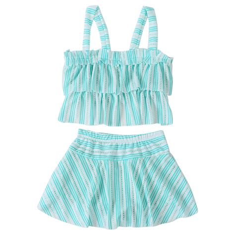 Coerni Girls Cute Stripe Bikini Swimsuit Spaghetti Straps Flounce Swimwear With Swimming Skirts