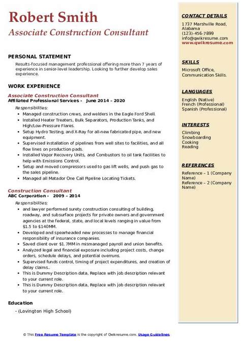 Construction Consultant Resume Samples Qwikresume