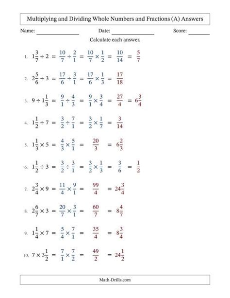 Multiplying And Dividing Mixed Fractions And Whole Numbers With Some Simplifying Fillable A