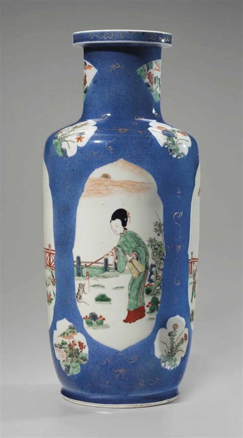 A FAMILLE VERTE POWDER BLUE GROUND ROULEAU VASE KANGXI PERIOD 1662