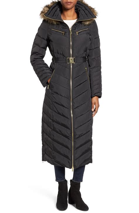 Michael Michael Kors Belted Down And Feather Fill Long Coat With Faux Fur Trim Hood Nordstrom