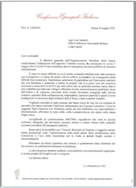 COMUNICATO PRESIDENZA CEI Sulla Fine Della Pandemia 8 Maggio 2023