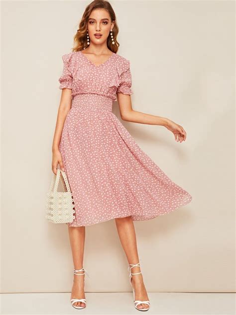 Ruffle Trim Puff Sleeve Shirred Waist Dress Shein Uk Boho Summer