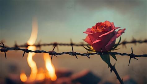 Premium Ai Image Rose Wrapped In Barbed Wire Fence And The Fire