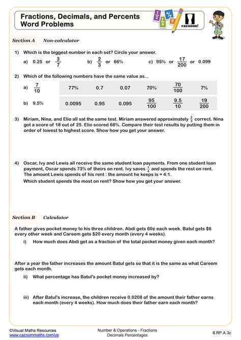 Fractions Decimals And Percents Word Problems Worksheet Pdf