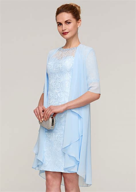 Short Sleeve Bateau Lace Knee Length Sheath Column Mother Of The Bride Dress With Jacket Beading