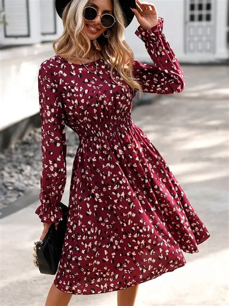 Elegant Ditsy Floral Print Ruffle Dress Long Sleeve Temu