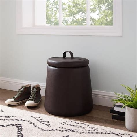 Linon Patric Midcentury Brown Faux Leather Round Storage Ottoman In The