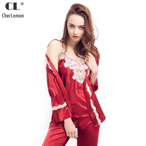 Cherlemon 3 Pieces Pyjama Sets Women Satin Nightwear Red Sexy Lace