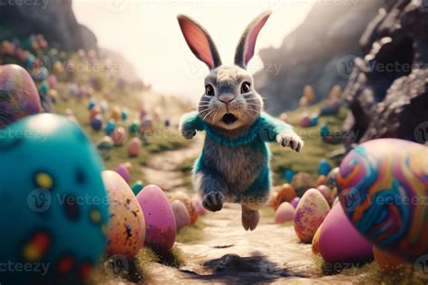 Easter Bunny Running On The Road With Colorful Easter Eggs In The