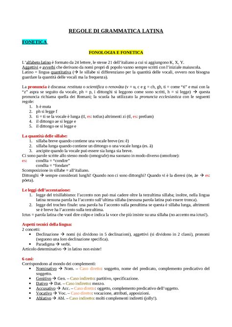 REGOLE DI GRAMMATICA LATINA Base Schemi E Mappe Concettuali Di Latino Docsity
