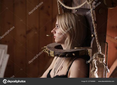 Beautiful Blonde Girl Lingerie Chair Torture Suffering Barn Hay Stock Photo By Agnadevi