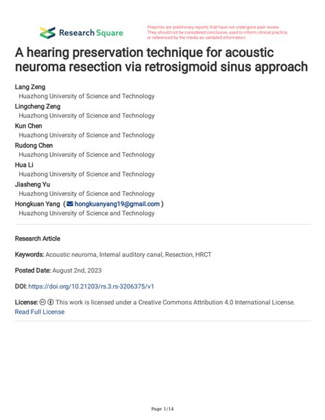 Pdf A Hearing Preservation Technique For Acoustic Neuroma Resection Via Retrosigmoid Sinus