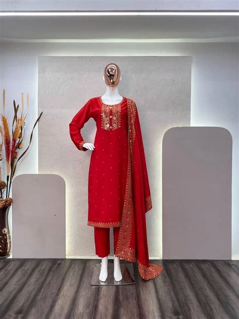 Georgette Embroidered Red Color Party Wear Sequence Embroidery Work