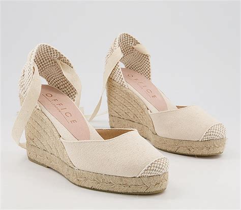 Office Marmalade Ankle Tie Espadrille Mid Heel Wedges Cream Canvas