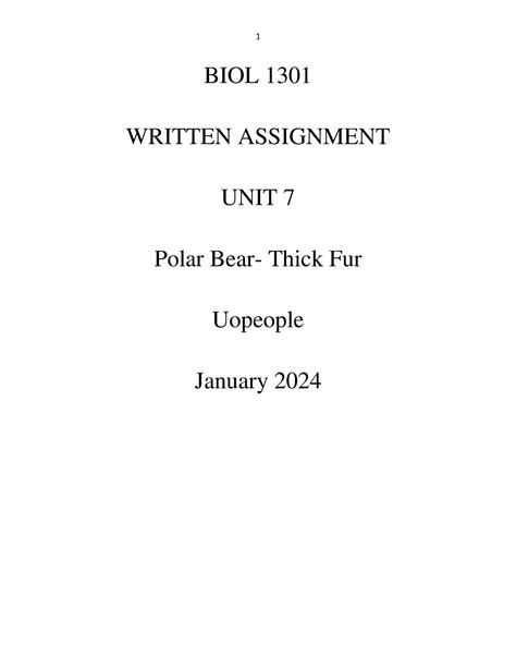 WA 7 BIOL 1301 WRITTEN ASSIGNMENT UNIT 7 Polar Bear Thick Fur