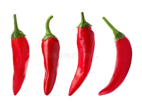 Set With Fresh Red Chili Peppers On White Background Stock Photo