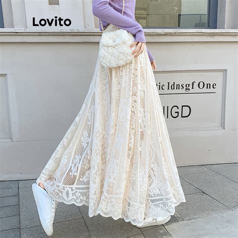 Lovito Elegante Saia Feminina Lisa Evasê Maxi de Renda Estampa