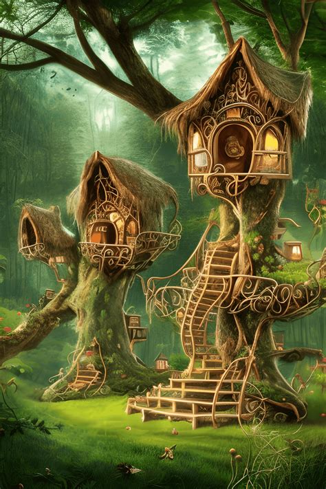 Fairy Treehouses With Fairies Fantasy In The Style Of James Montgomery