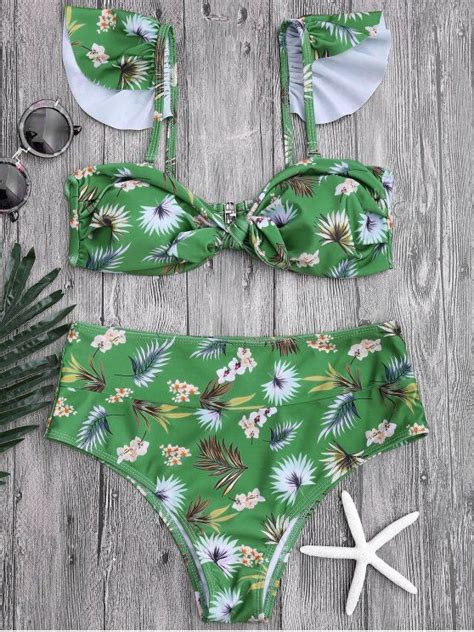 Ad Floral Print Knotted High Waisted Bikini Set Green Comes In