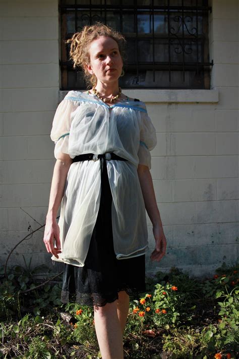 S Vintage Sheer Blue Nightgown Gotham Lingerie Babydoll Nighty Sheer Mesh Lace Trim Puff