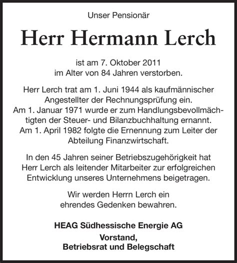 Traueranzeigen Von Hans Hermann Lerch Vrm Trauer De