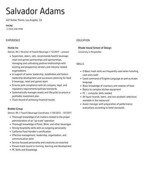 Food And Beverage Resume Samples Velvet Jobs