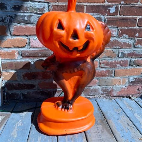 Vintage Plastic Blow Mold Pumpkin Black Cat Halloween Trick Or Treat