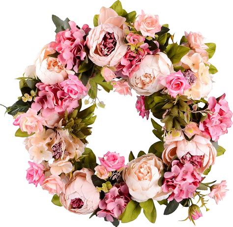 Amazon.com: Lvydec Artificial Peony Flower Wreath - 15" Pink Flower Door Wreath with Green ...