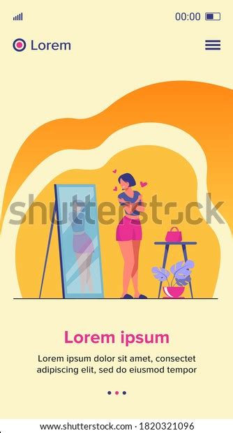 Narcissist Lady Standing Mirror Looking Reflection Stock Vector