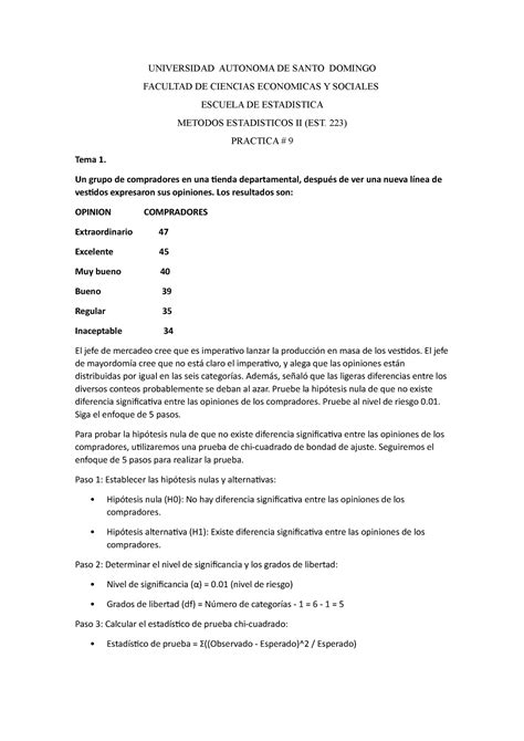 Practica 9 EST 223 2 UNIVERSIDAD AUTONOMA DE SANTO DOMINGO FACULTAD