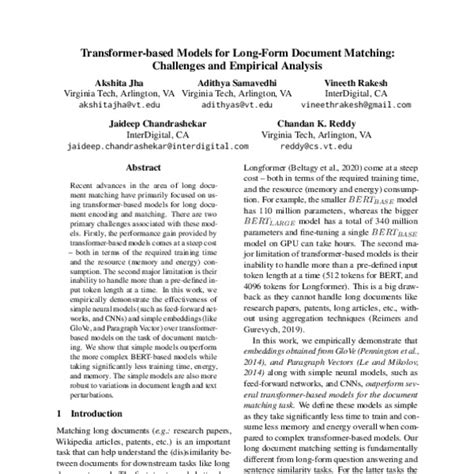 Transformer Based Models For Long Form Document Matching Challenges