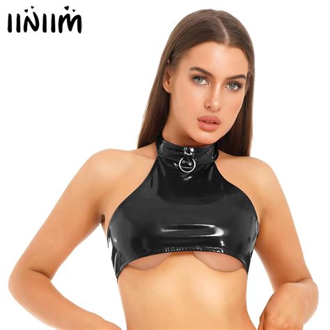 Womens O Ring Halter Latex Vest Tops Bralette Underboob Crop Tops Camisole Backless Sleeveless