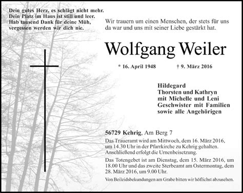 Traueranzeigen Von Wolfgang Weiler Rz Trauer De