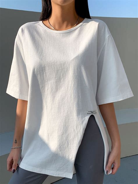 Dazy Solid Split Hem Patched Drop Shoulder Teei Discovered Amazing