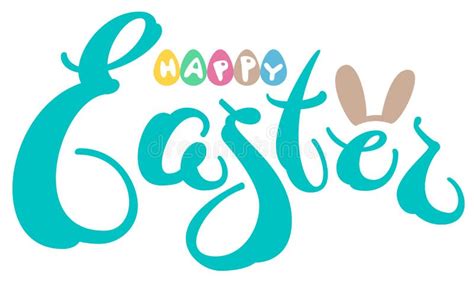 Happy Easter Text Greeting Card Colored Eggs And Rabbit Ears Stock