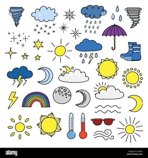 Collection Of Doodle Weather Icons Including Sun Clouds Rain Drops