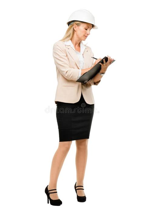 Mature Woman Supervisor Wearing Hard Hat Isolated On White Background