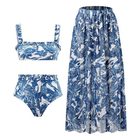Women Swimsuit Blue Floral Pring Bandeau Ruffle Strap Long Dress Three Piece Bikini Set Shopee