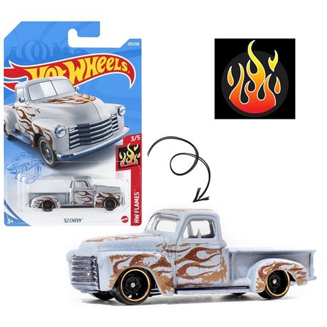 52 Chevy HW Flames Cinza Hot Wheels 1 64 Miniatura Caminhonete